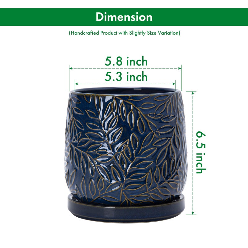 D'vine Dev 6 Inch Embossed Leaves Stoneware Planter Pot with Drainage Hole and Saucer, Midnight Blue, Set of 2, 27-F-X-3 - Image 3